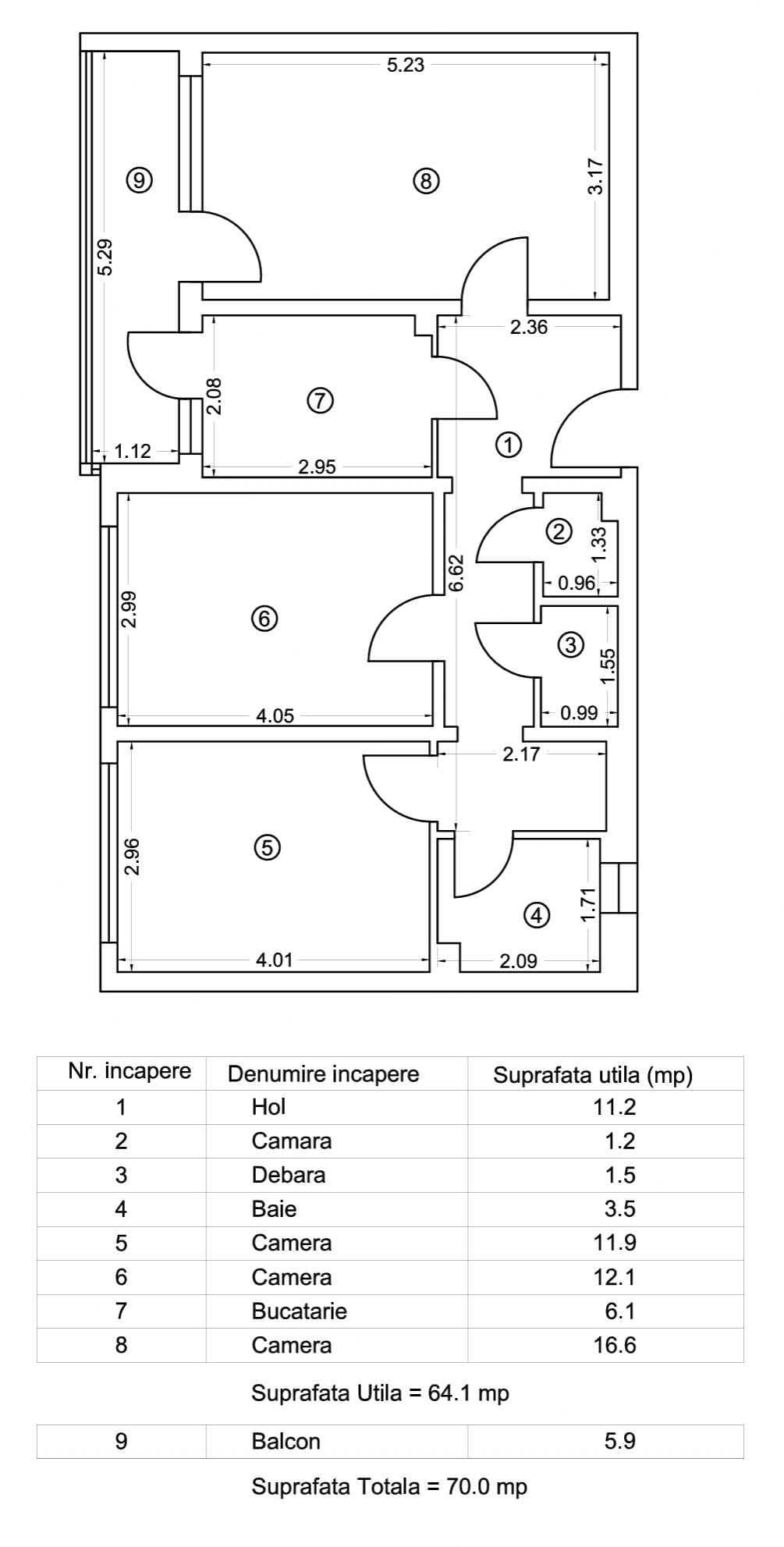 3 camere, decomandat, 1 baie, 70mp, etaj 8/10, gaze la usa