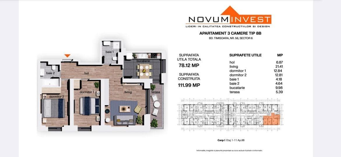 Apt 3 camere Novum Timișoara 56, 78mp utili, fin. dec. 2026 - imagine 1