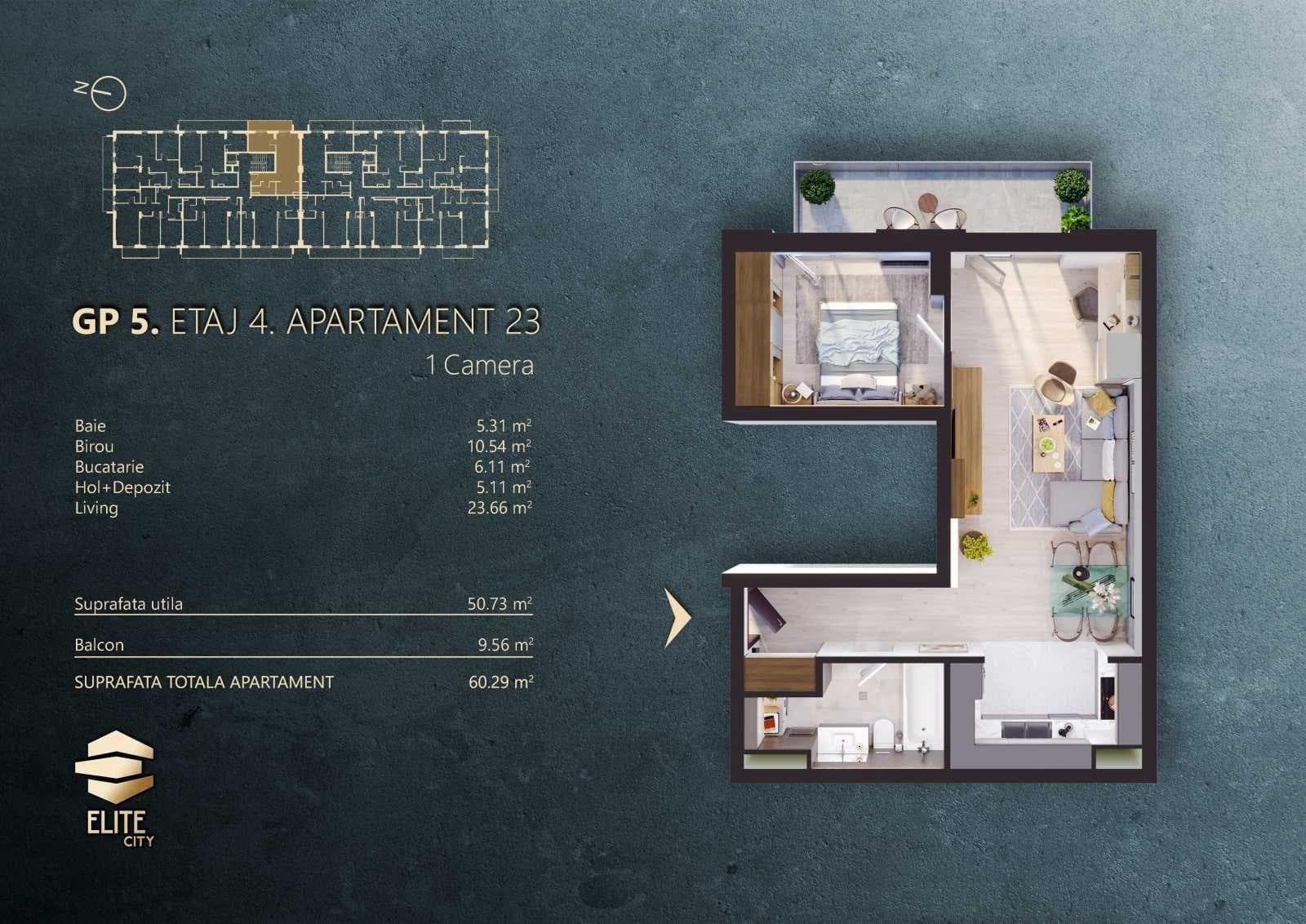 Apartament 2 camere, 51mp + balcon 10mp, Elite City - imagine 3